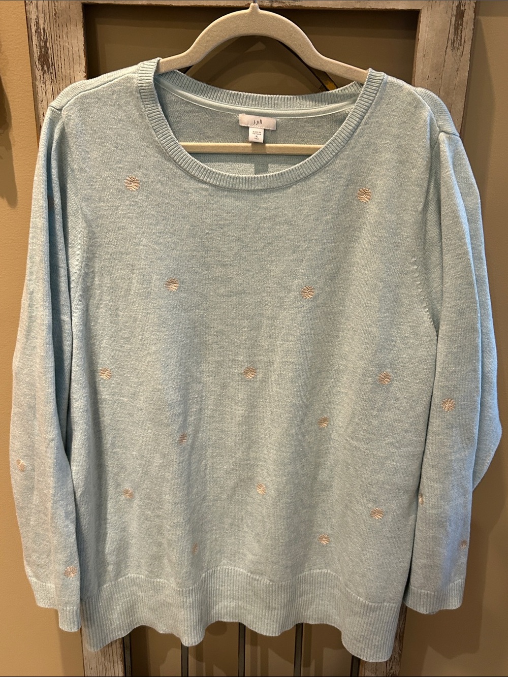 J. Jill Mint Green Crewneck Sweater with Embroidered Dots